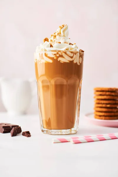 Chocolate Ice Coffee Whipped Cream Cookies Tall Glass Pink Straws — Stock Photo, Image