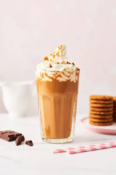 Chocolate Ice Coffee Whipped Cream Cookies Tall Glass Pink Straws — Stock Photo, Image
