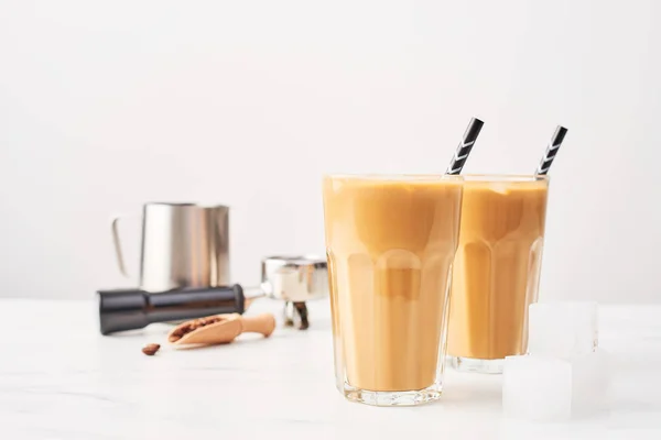 Barista Concept Ice Coffee Tall Glass Straws Milk Pitcher Portafilter — Stock Photo, Image