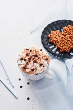 Sıcak çikolata veya kakao ile çırpılmış krema ve hatmi şeker çikolata yıldız ve Noel gingerbread çerezleri üzerinde mavi servis tabağı ile tarçın veya kakao tozu ile serpilir. Kopya alanı.