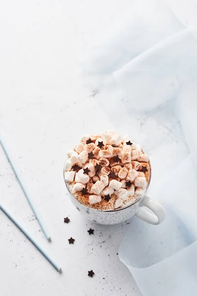 Hot Chocolate Cocoa Whipped Cream Marshmallow Candy Sprinkled Cinnamon Cocoa — Stock Photo, Image