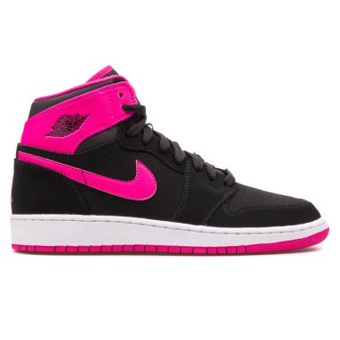 Vienna, Avusturya - 14 Haziran 2017: beyaz zemin üzerine izole Nike Jordan 1 Retro yüksek Gg siyah, beyaz ve pembe spor ayakkabı