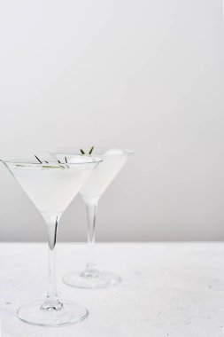 Yaz içeceği. Biberiye ve narenciye meyve veya köpüklü cin ve limonata yaz alkollü kokteyl serinletici. Uzay kopyalayın. Seçici odak.