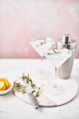 Yaz yenileme biberiye ve narenciye veya köpüklü cin ve mermer masa üzerinde pembe bir arka plan üzerinde kokteyl shaker ile limonata ile alkollü kokteyl Margarita. Uzay kopyalayın. Seçici odak.