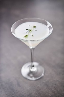 Yaz içeceği. Biberiye ve narenciye veya köpüklü cin ve karanlık beton tablo limonata yaz alkollü kokteyl serinletici. Metin için yer kopyalayın. Seçici odak.