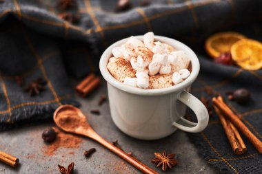 Sıcak kakao marshmallows retro kupa maddeler tarafından çevrili içkiyle: tarçın, portakal, anason ve koyu siyah beton masada. Kış içki. Rustik bak. Metin için yer kopyalayın.