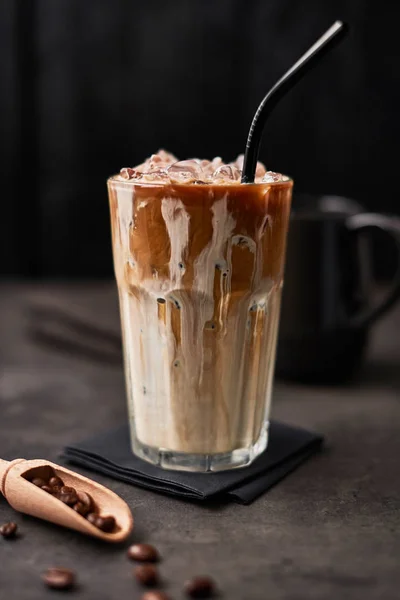 Ice Coffee Cream Tall Glass Coffee Beans Dark Concrete Table — Stock Photo, Image