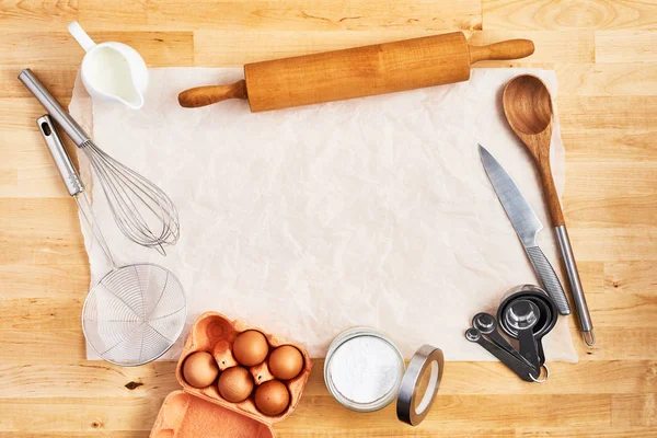 Food ingredients and kitchen utensils background