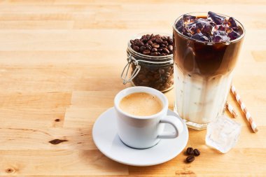 Cup of coffee or espresso, iced coffee and latte macchiato clipart