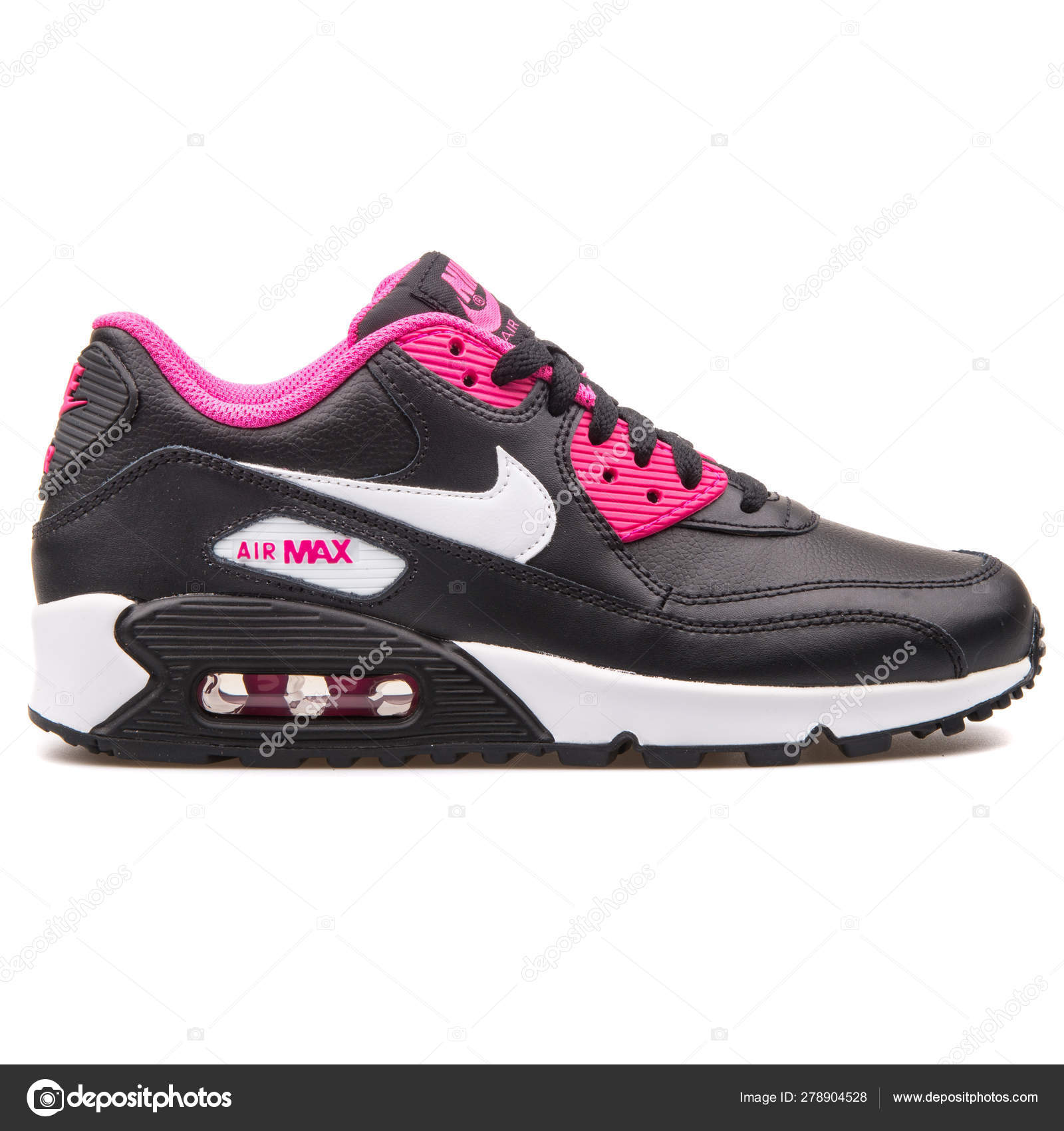Nike Air Max 90 läder svart, vit och rosa sneaker — redaktionellt