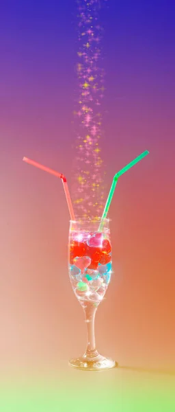 Cocktail Gli Amanti Due Tubi Bicchiere Cocktail Con Cuori Uno — Foto Stock