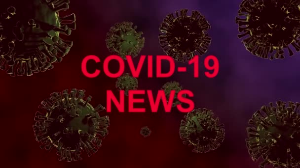 コロナウイルスコード19の背景細菌緑の細菌の赤紫色の暗色の背景に緑のパンデミックバックライトキャプションニュース — ストック動画