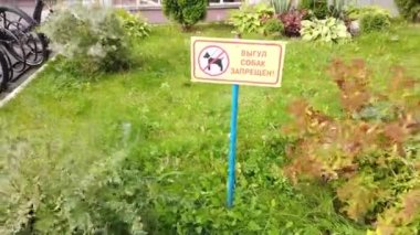 Köpek sahiplerine yeşil alanda çimenli çimlerle köpeklerini gezdirmemeleri için uyarı işareti. Yasak işaretler Rusça metinler sokak bahçesi yatağı. Bitkiler rüzgarda savruluyor. 