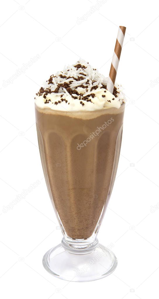 Chocolate coconut milkshake with whipped cream on a white background