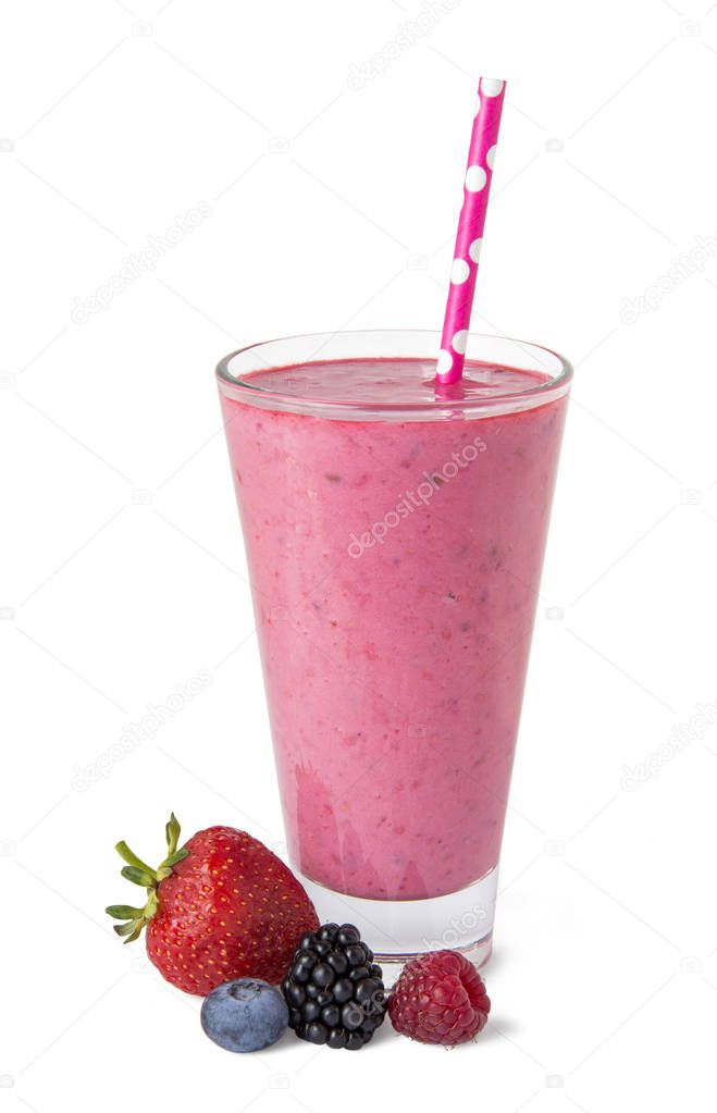 Fresh berry mix smoothie from strawberries, blackberries, blueberries and raspberries in a glass on a white background isolated