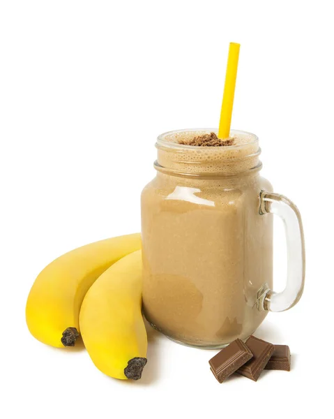 Banana Chocolate Smoothie Glass Jar Ingredients Isolated White Background — Stock Photo, Image