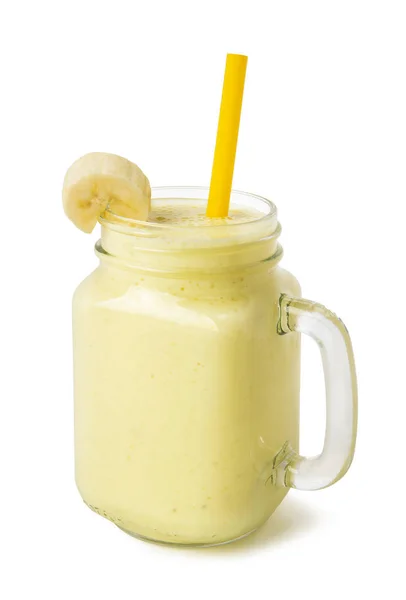 Banana Smoothie Straws Slice Banana Glass Jar Isolated White Background — Stock Photo, Image