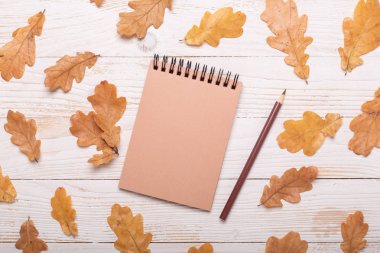 Sonbahar yaprakları, defter ve beyaz ahşap arka planda kalemler. Düz konum, üst görünüm, kopyalama alanı.