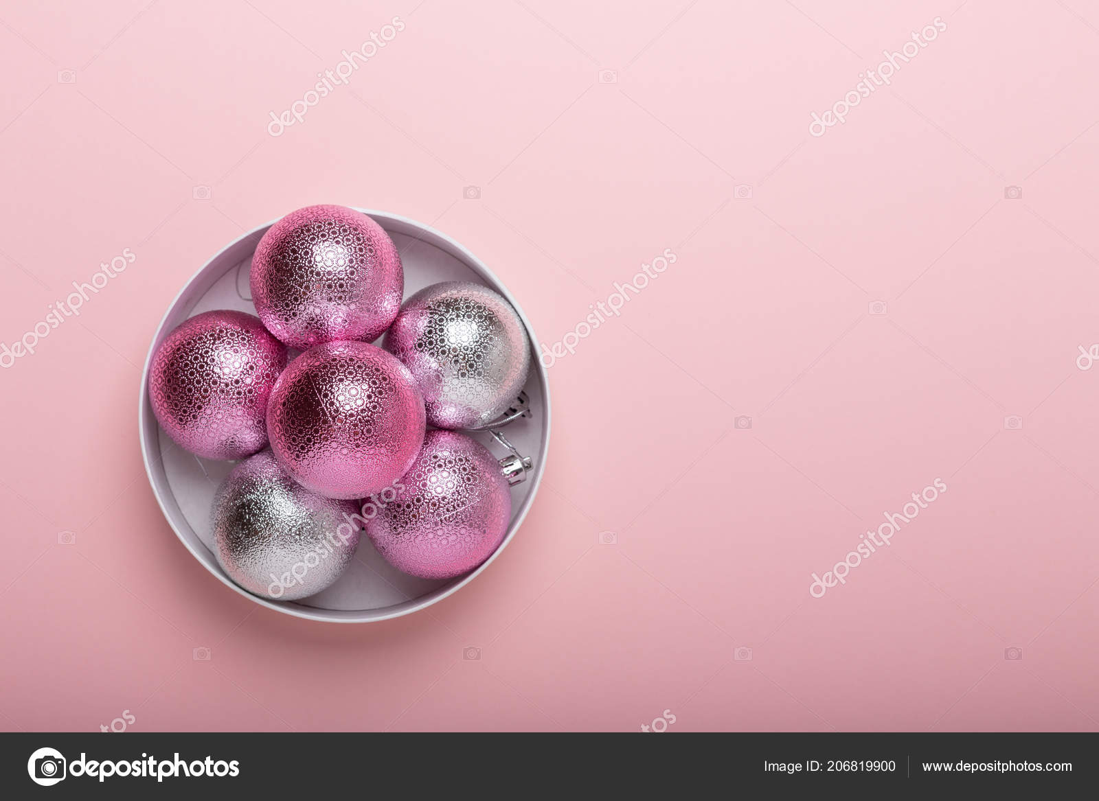 Rose Boules Noël Sur Fond Papier Argent Vue Dessus Plat