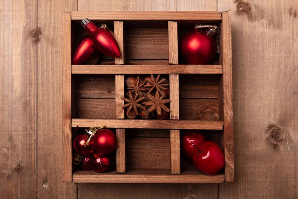 Wooden Box Christmas Decorations Wooden Table Rustic Style Top View — Stock Photo, Image