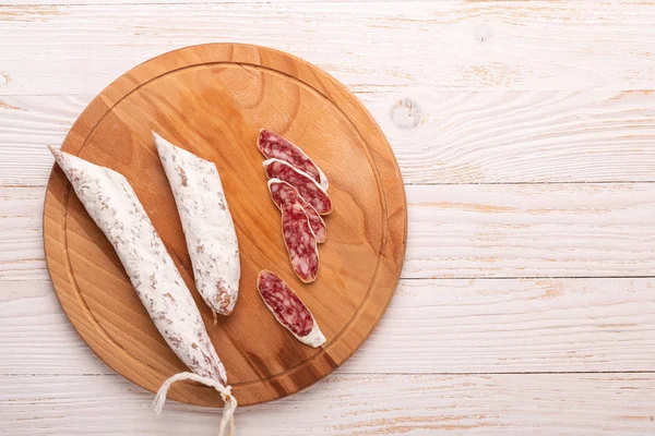 Salami White Wooden Background Top View Copy Space — Stock Photo, Image