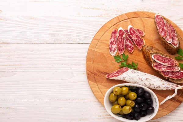 Salami Bread White Wooden Background Top View Copy Space — Stock Photo, Image