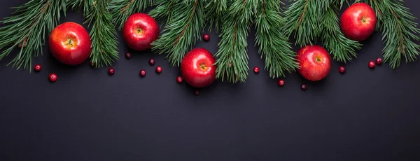 圣诞节背景与树枝 红苹果和蔓越莓 深色木桌 顶部视图 复制空间 — 图库照片