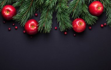 Noel arkaplanı ağaç dalları, kırmızı elmalar ve kızılcıklar. Koyu ahşap masa. Üst Manzara. Boşluğu kopyala