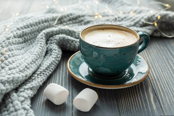 Cup Coffee Marshmallow Warm Knitted Sweater Wooden Background Warm Lights — Stock Photo, Image