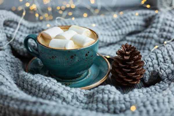 Cup Coffee Marshmallow Warm Knitted Sweater Wooden Background Warm Lights — Stock Photo, Image