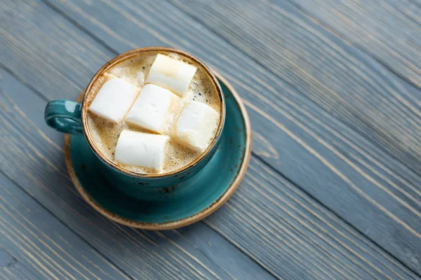 Cup Coffee Marshmallow Wooden Background Warm Lights Cozy Winter Morning — Stock Photo, Image