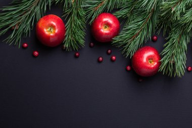 Noel arkaplanı ağaç dalları, kırmızı elmalar ve kızılcıklar. Koyu ahşap masa. Üst Manzara. Boşluğu kopyala