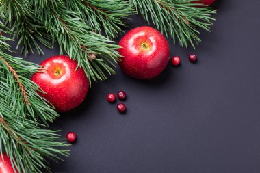 Noel arkaplanı ağaç dalları, kırmızı elmalar ve kızılcıklar. Koyu ahşap masa. Üst Manzara. Boşluğu kopyala