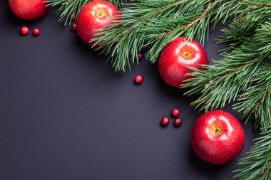 Noel arkaplanı ağaç dalları, kırmızı elmalar ve kızılcıklar. Koyu ahşap masa. Üst Manzara. Boşluğu kopyala