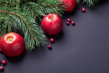 Noel arkaplanı ağaç dalları, kırmızı elmalar ve kızılcıklar. Koyu ahşap masa. Üst Manzara. Boşluğu kopyala