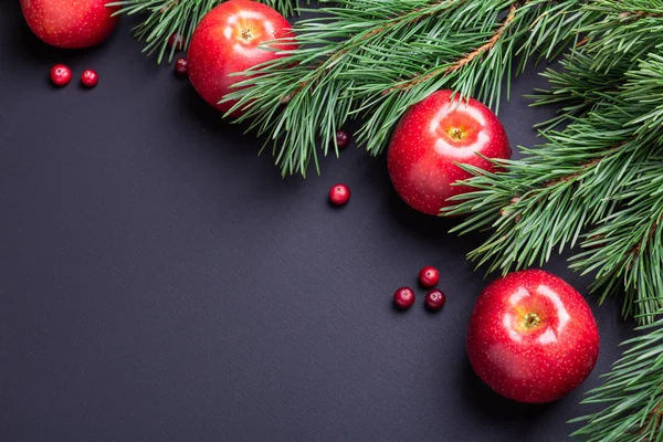Noel arkaplanı ağaç dalları, kırmızı elmalar ve kızılcıklar. Koyu ahşap masa. Üst Manzara. Boşluğu kopyala