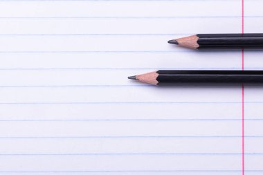 Satır beyaz levha üzerinde iki siyah grafit kalem geri okula, eğitim kavramı için alan kopyalayın