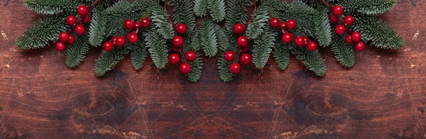 Christmas Background Fir Tree Branches Holly Top View Horizontal Banner — Stock Photo, Image