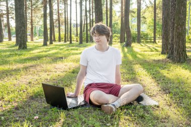 Genç adam dizüstü bilgisayarıyla parkta çimlerin üzerinde oturuyor. Uzaktan öğrenme konsepti. - Görüntü