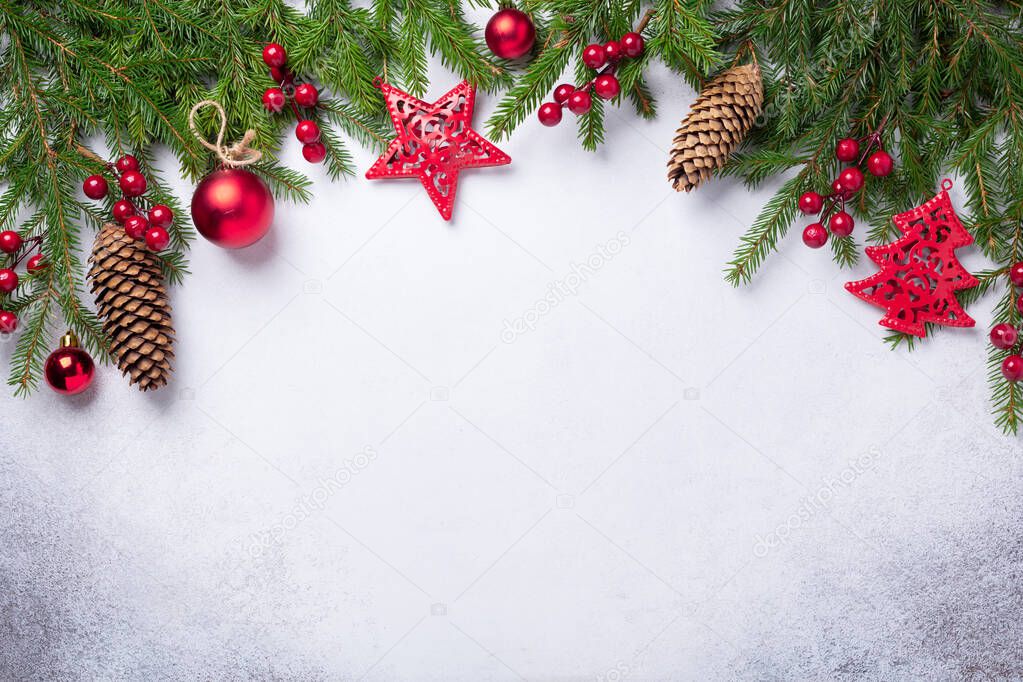 Christmas background with fir tree, red and gold gifts. Top view Copy space - Image