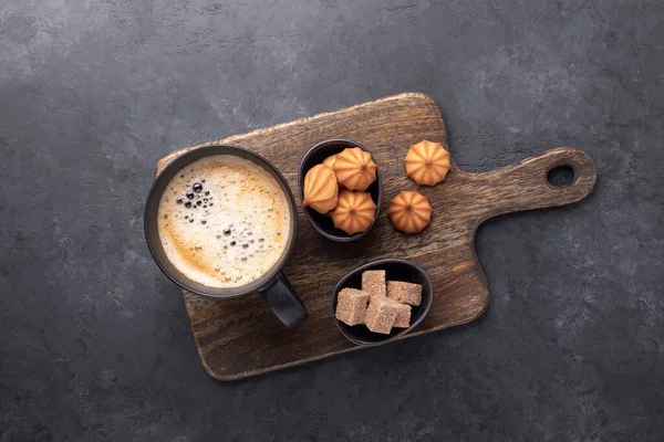 Cup Coffee Brown Sugar Biscuits Stone Background Top View Copy — Stock Photo, Image