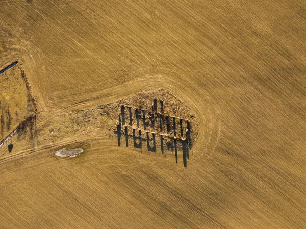 Drone photo of the ruins of an old house in countryside fields in Small Countryside Village on a Sunny Spring Day