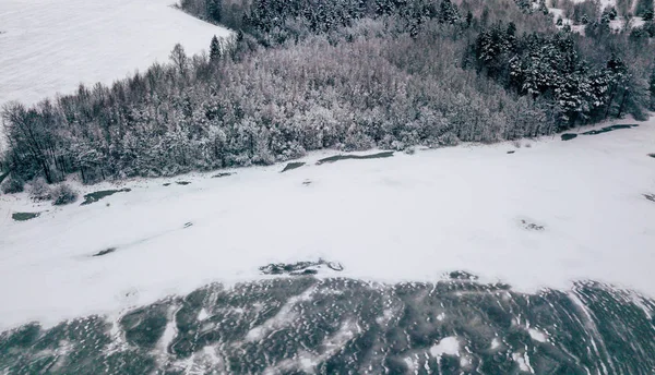 Fotografia Aérea Uma Floresta Brilhante Lago Congelado Primeiro Plano Dia — Fotografia de Stock