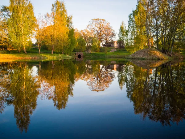 Hermosa Reflexión Del Árbol Lago Soleado Día Primavera Colores Otoño — Foto de Stock