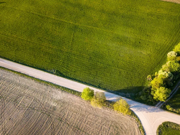 空中无人机照片的草地上环绕着美丽的早春色彩在农村村 自上而下视图 — 图库照片