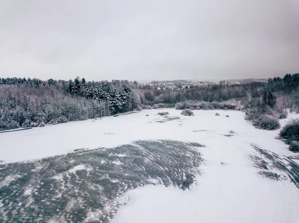 明るい林と冬の曇りの日でフォア グラウンドで凍った湖の空中写真 — ストック写真
