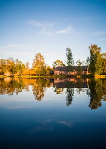 Hermosa Reflexión Del Árbol Lago Soleado Día Primavera Colores Otoño — Foto de Stock