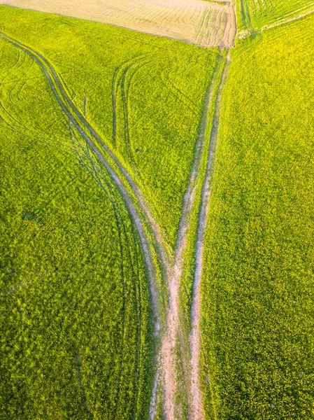 Drone Photo Road Fields Colorful Early Spring Countryside Village Rodeado — Fotografia de Stock