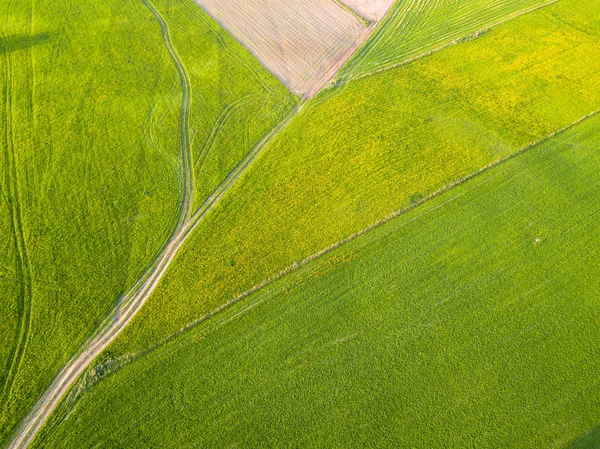 Drone Photo Road Fields Colorful Early Spring Countryside Village Rodeado — Fotografia de Stock