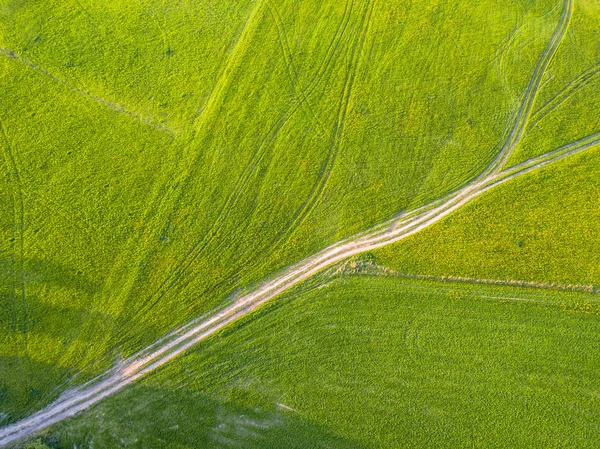 Drone Photo Road Fields Colorful Early Spring Countryside Village Surrounded — Stock Photo, Image